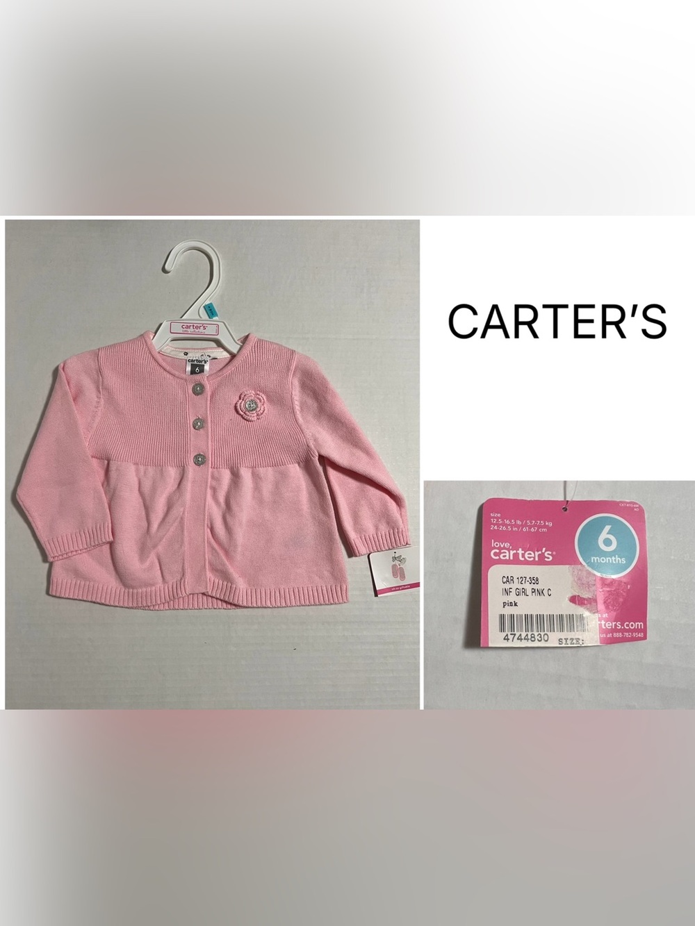 CARTER’S - 6M - NWT - INFANT GIRLS PINK / SILVER FLORAL KNIT CARDIGAN SWEATER